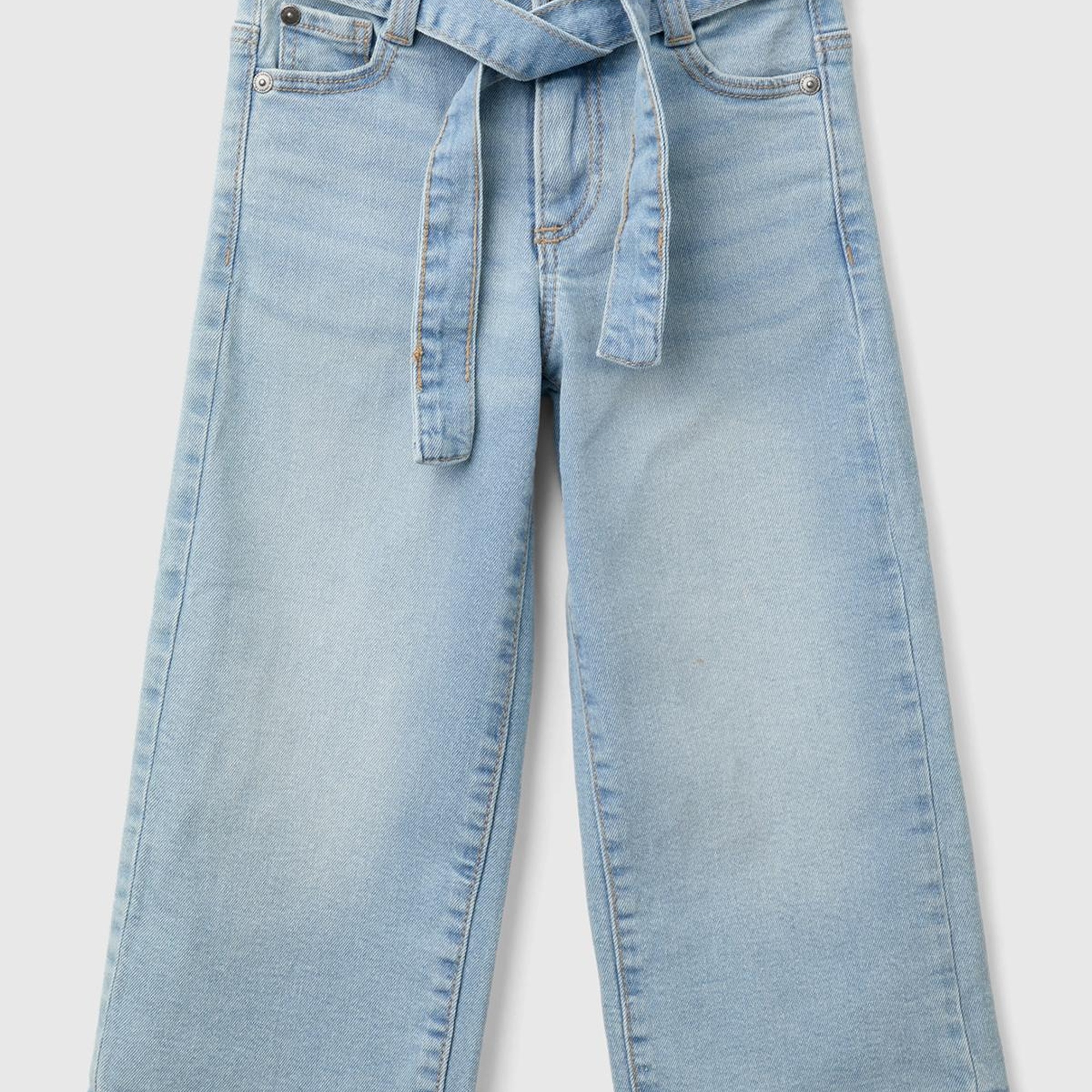 Kız Çocuk Denim Arka Cebi Logo Detaylı Beli Kuşaklı Geniş Paça Pantolon