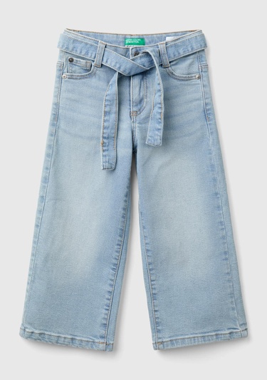  Kız Çocuk Denim Arka Cebi Logo Detaylı Beli Kuşaklı Geniş Paça Pantolon