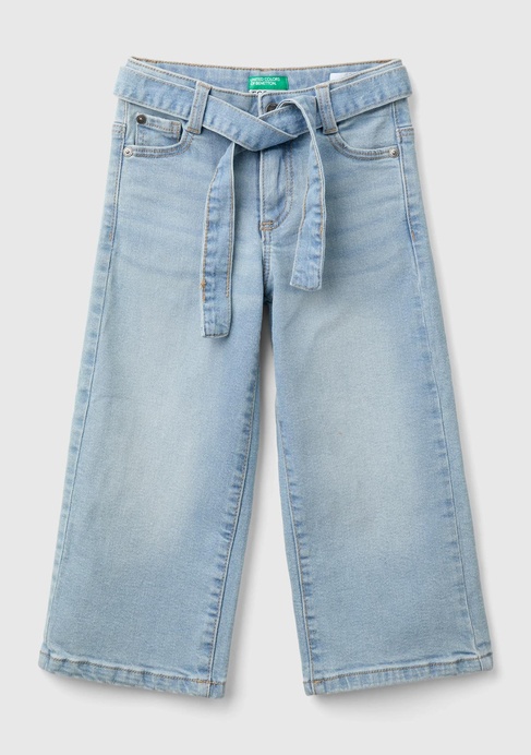  Kız Çocuk Denim Arka Cebi Logo Detaylı Beli Kuşaklı Geniş Paça Pantolon