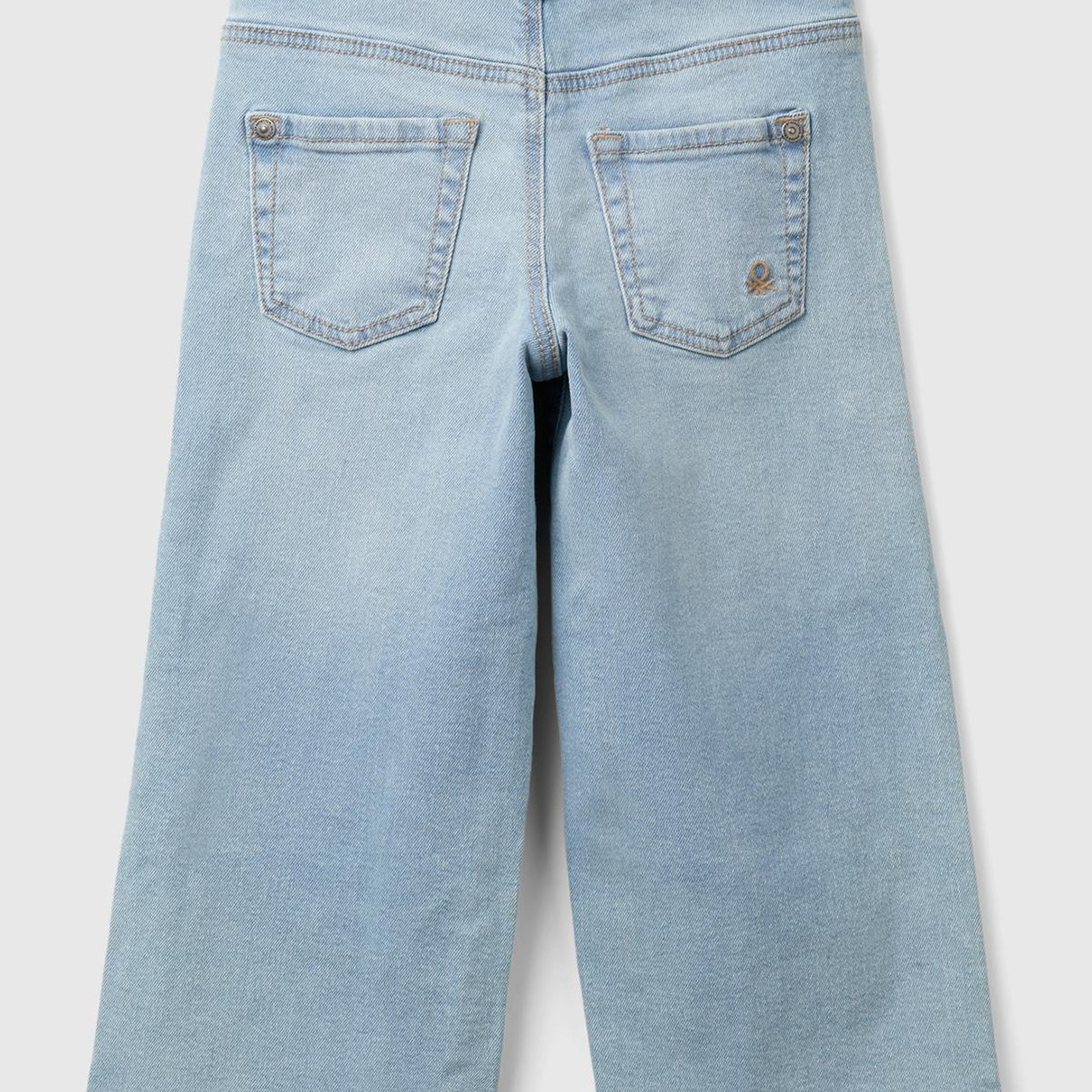 Kız Çocuk Denim Arka Cebi Logo Detaylı Beli Kuşaklı Geniş Paça Pantolon