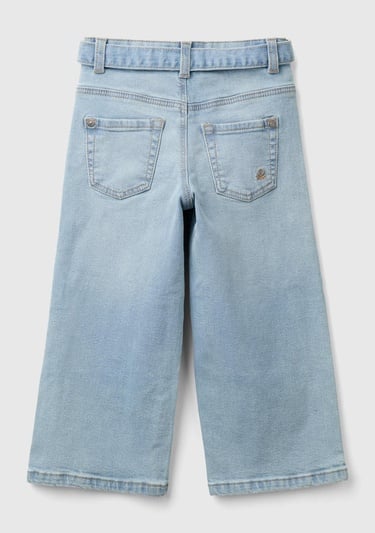  Kız Çocuk Denim Arka Cebi Logo Detaylı Beli Kuşaklı Geniş Paça Pantolon