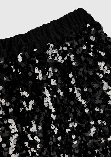  Kız Çocuk Siyah Tamamı Desenli Beli Lastikli Fırfır Detaylı Mini Etek