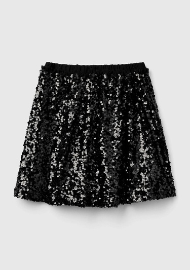  Kız Çocuk Siyah Tamamı Desenli Beli Lastikli Fırfır Detaylı Mini Etek