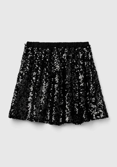  Kız Çocuk Siyah Tamamı Desenli Beli Lastikli Fırfır Detaylı Mini Etek