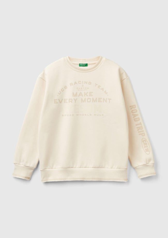  Erkek Çocuk Ekru Önü ve Sol Kolu Baskılı Bisiklet Yaka Sweatshirt