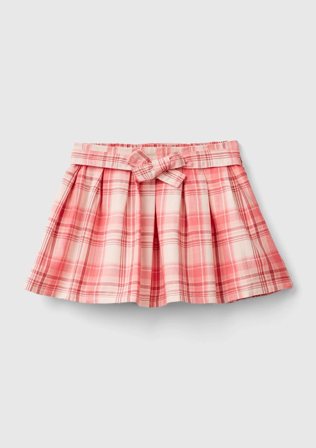  Kız Çocuk Pembe Mix Beli Fiyonk Detaylı Pileli Kareli Etek