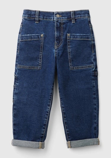  Erkek Çocuk Denim Cep Detaylı Logolu Kıvrık Paça Denim Pantolon