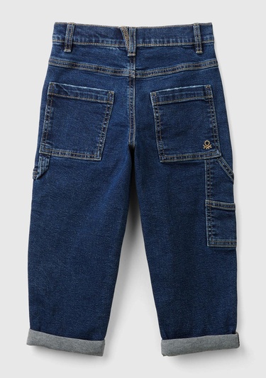  Erkek Çocuk Denim Cep Detaylı Logolu Kıvrık Paça Denim Pantolon