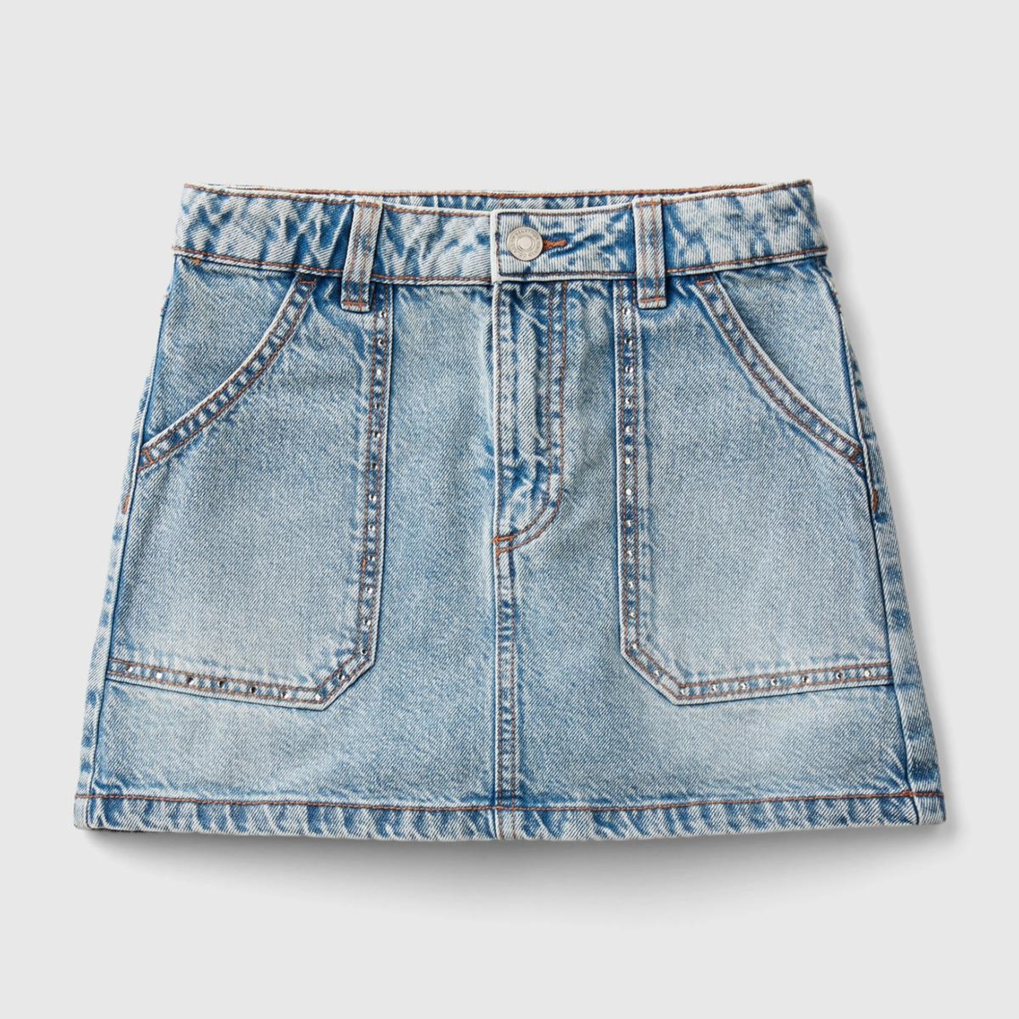 Kız Çocuk Açık Denim Arka Cebi Logo İşlemeli Cep Detaylı Denim Etek