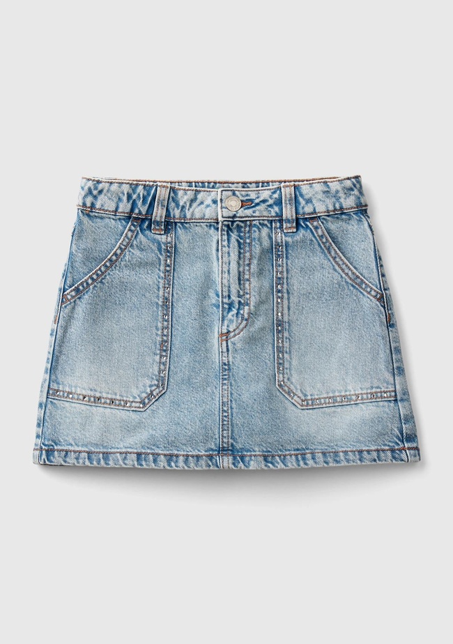  Kız Çocuk Açık Denim Arka Cebi Logo İşlemeli Cep Detaylı Denim Etek