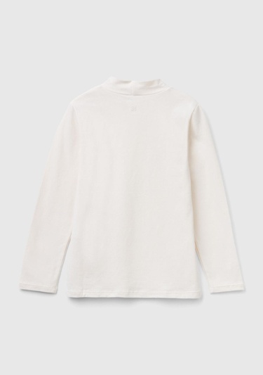  Kız Çocuk Ekru Arkası Logolu Omzu Pul Detaylı Dik Yaka Uzun Kollu T-Shirt