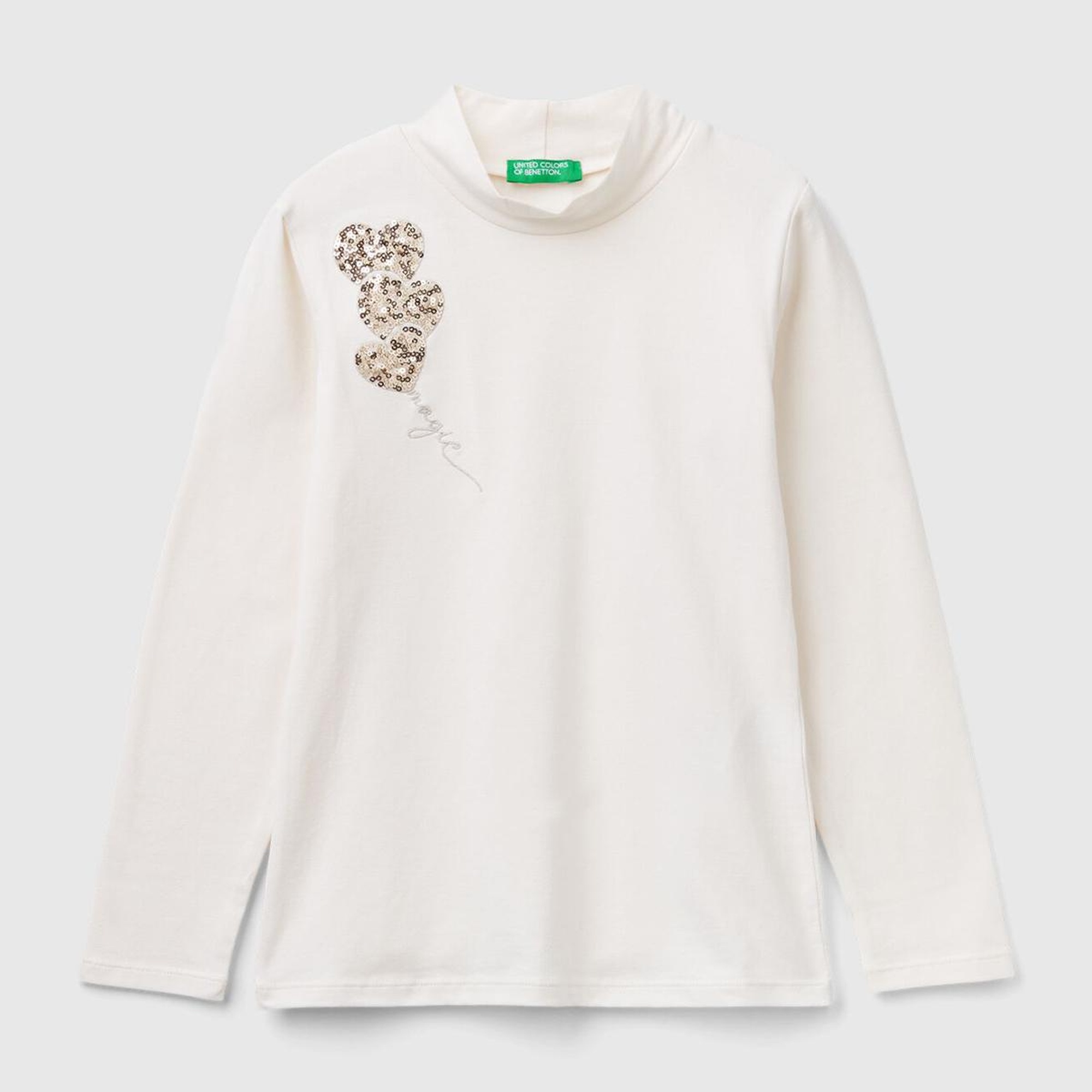 Kız Çocuk Ekru Arkası Logolu Omzu Pul Detaylı Dik Yaka Uzun Kollu T-Shirt