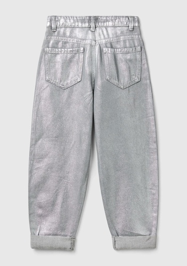  Kız Çocuk Gümüş Arkası Logo Detaylı Kullanılmış Efektli Kıvrık Paça Pantolon