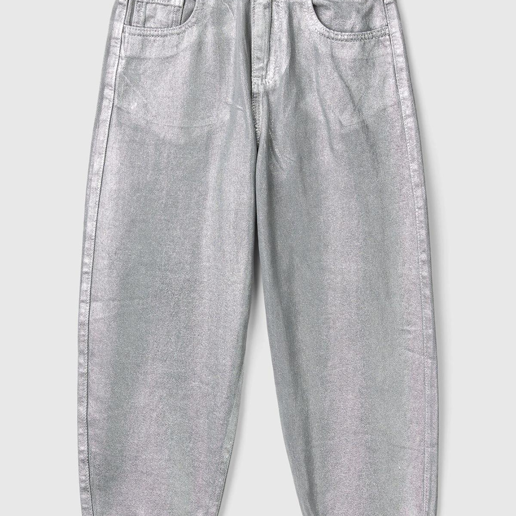 Kız Çocuk Gümüş Arkası Logo Detaylı Kullanılmış Efektli Kıvrık Paça Pantolon