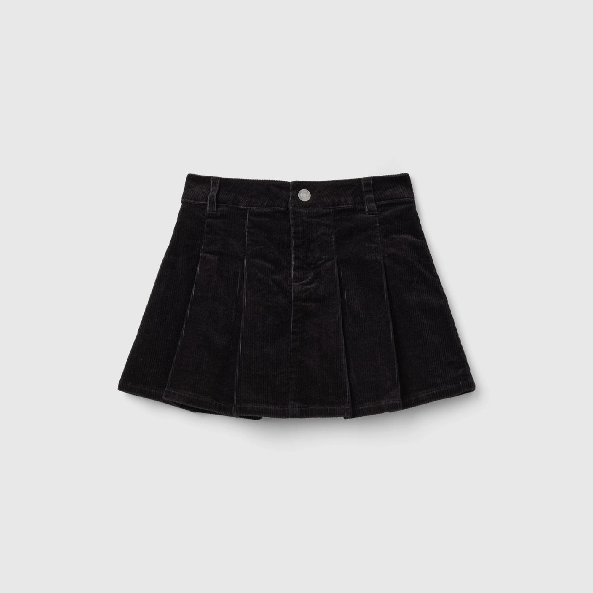 Kız Çocuk Siyah Kat Detaylı Düğmeli Fitilli Kadife Mini Etek