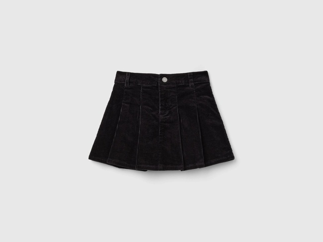  Kız Çocuk Siyah Kat Detaylı Düğmeli Fitilli Kadife Mini Etek