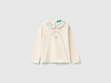  Kız Çocuk Ekru Önü Su Bazlı Baskılı Yakası Pullu Uzun Kollu T-Shirt