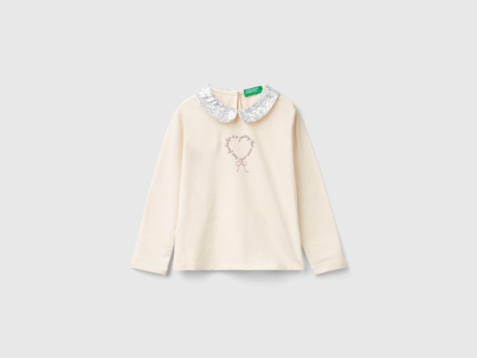  Kız Çocuk Ekru Önü Su Bazlı Baskılı Yakası Pullu Uzun Kollu T-Shirt