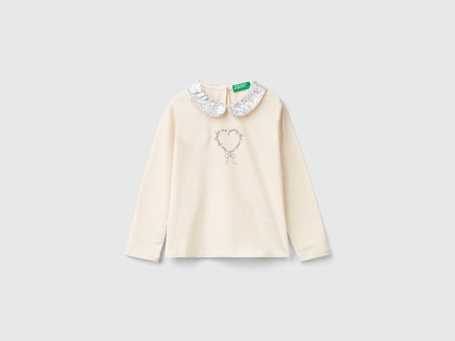  Kız Çocuk Ekru Önü Su Bazlı Baskılı Yakası Pullu Uzun Kollu T-Shirt
