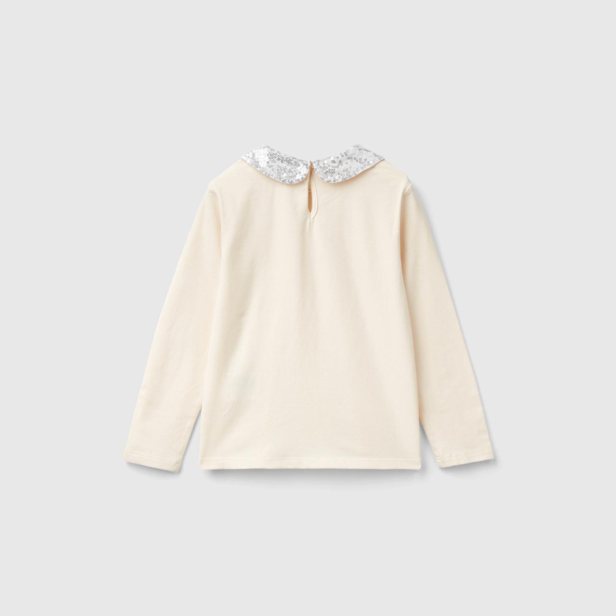 Kız Çocuk Ekru Önü Su Bazlı Baskılı Yakası Pullu Uzun Kollu T-Shirt