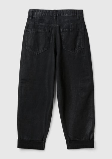  Kız Çocuk Siyah Arkası Logo Detaylı Kullanılmış Efektli Kıvrık Paça Pantolon