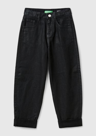  Kız Çocuk Siyah Arkası Logo Detaylı Kullanılmış Efektli Kıvrık Paça Pantolon