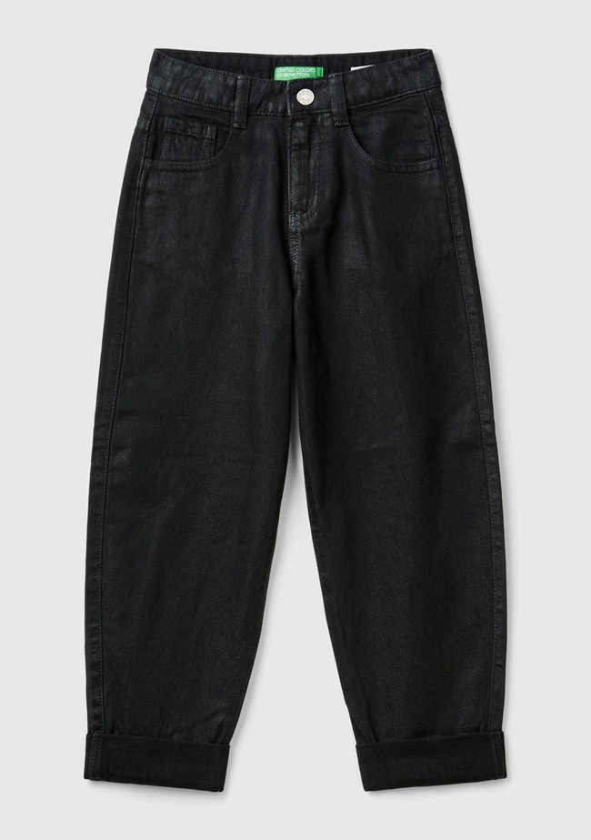  Kız Çocuk Siyah Arkası Logo Detaylı Kullanılmış Efektli Kıvrık Paça Pantolon