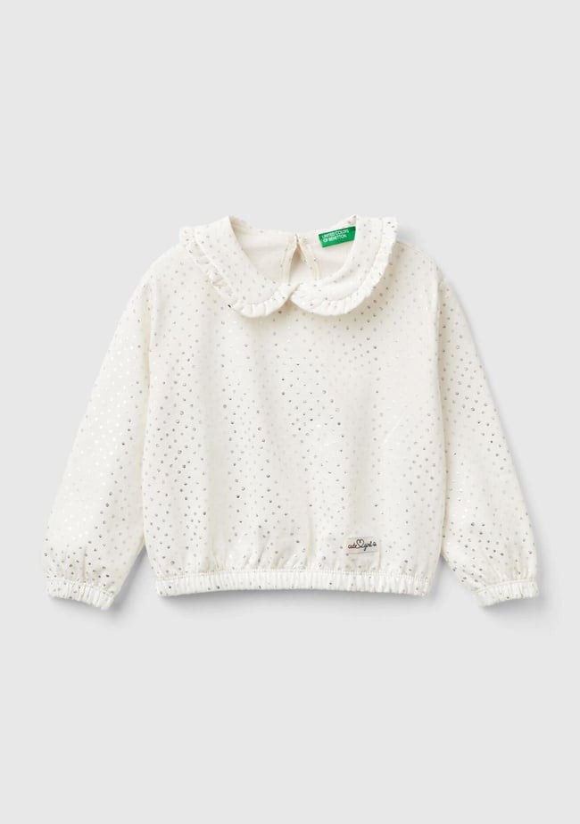  Kız Çocuk Kırık Beyaz Tamamı Desenli Fırfır Yakalı Oversize Kesim Sweatshirt