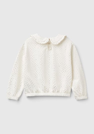  Kız Çocuk Kırık Beyaz Tamamı Desenli Fırfır Yakalı Oversize Kesim Sweatshirt