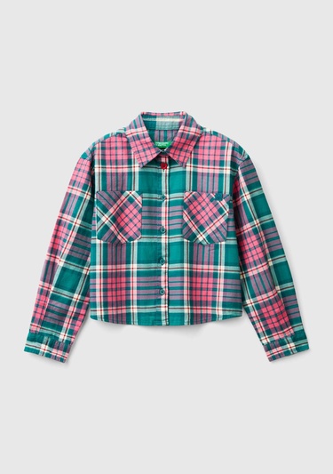  Kız Çocuk Yeşil Mix Tamamı Kareli Desenli Göğüs Cepli Gömlek