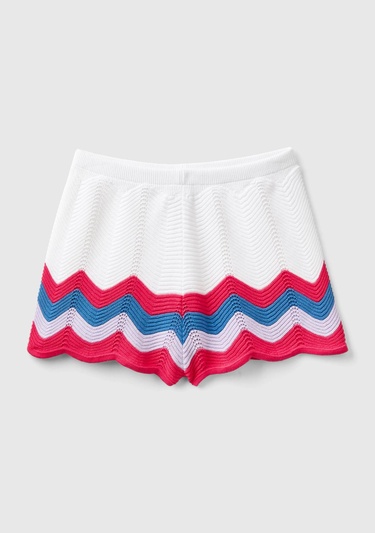  Kız Çocuk Beyaz Renk Bloklu Beli Büzgülü Triko Mini Şort