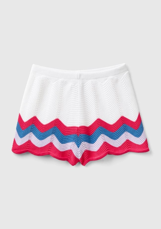  Kız Çocuk Beyaz Renk Bloklu Beli Büzgülü Triko Mini Şort