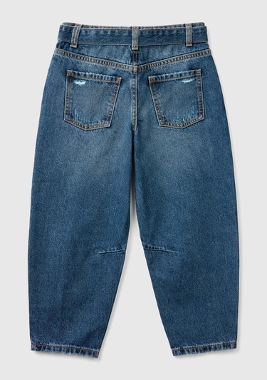  Kız Çocuk Koyu Denim Yıkama Efektli Bol Kesim Denim Pantolon