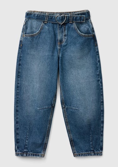  Kız Çocuk Koyu Denim Yıkama Efektli Bol Kesim Denim Pantolon