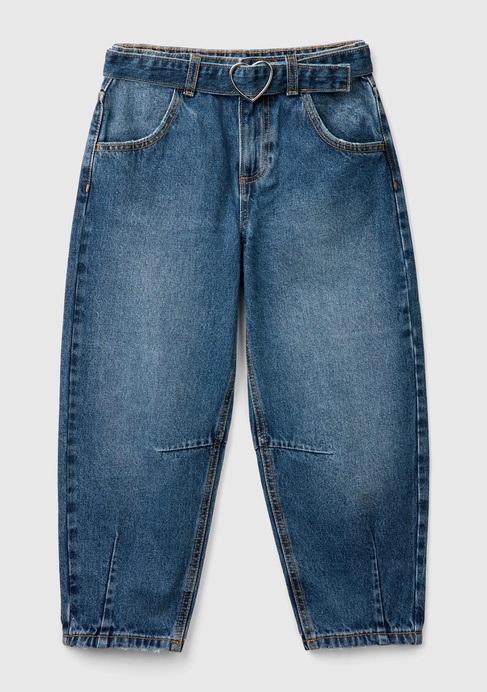  Kız Çocuk Koyu Denim Yıkama Efektli Bol Kesim Denim Pantolon