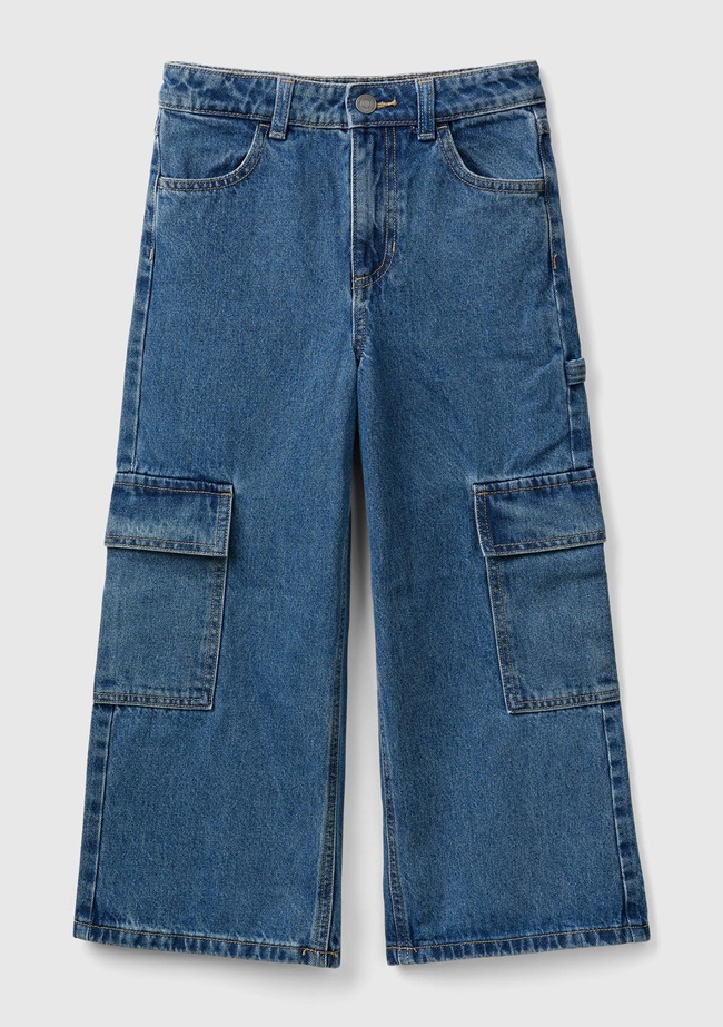  Kız Çocuk Koyu Denim Yanları ve Arkası Cep Detaylı Geniş Kesim Kargo Pantolon