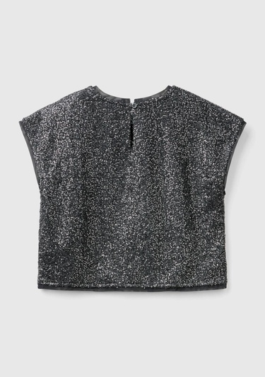  Kız Çocuk Siyah Tamamı Desenli Arkası Damla Detaylı Kısa Kollu Bluz