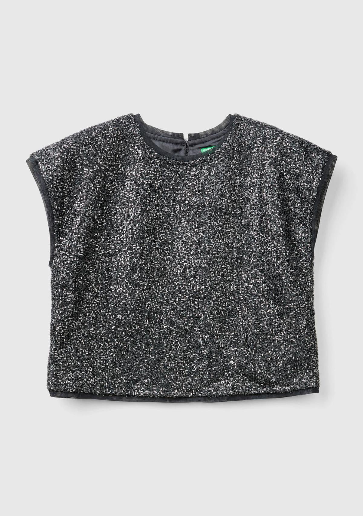  Kız Çocuk Siyah Tamamı Desenli Arkası Damla Detaylı Kısa Kollu Bluz