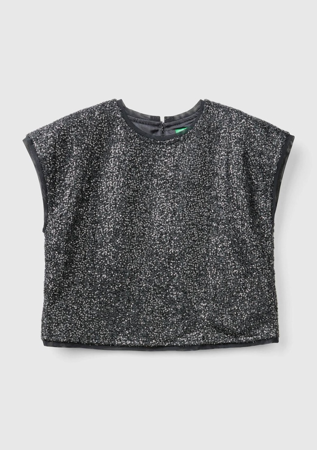  Kız Çocuk Siyah Tamamı Desenli Arkası Damla Detaylı Kısa Kollu Bluz