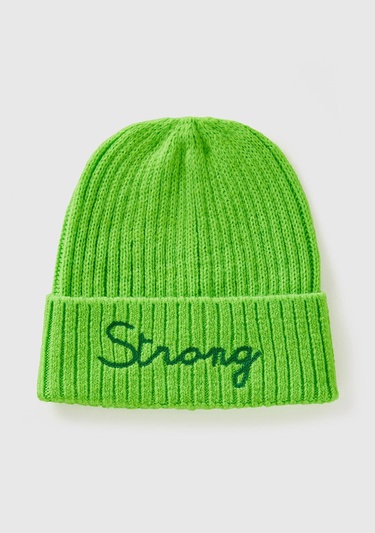  Erkek Çocuk Neon Yeşil Yün Karışımlı Slogan Yazılı Bere