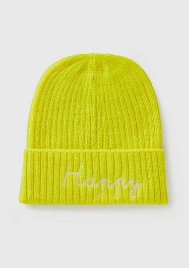  Erkek Çocuk Neon Sarı Yün Karışımlı Slogan Yazılı Bere