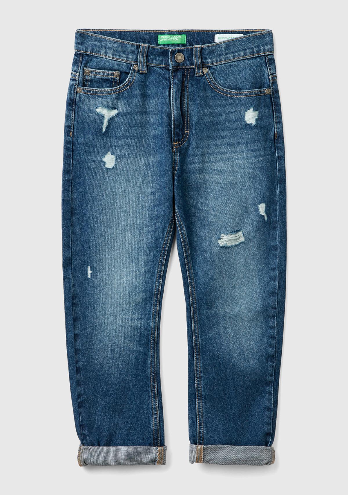 Erkek Çocuk Denim Arka Cebi Logolu Yırtıklı Dört Cepli Denim Pantolon