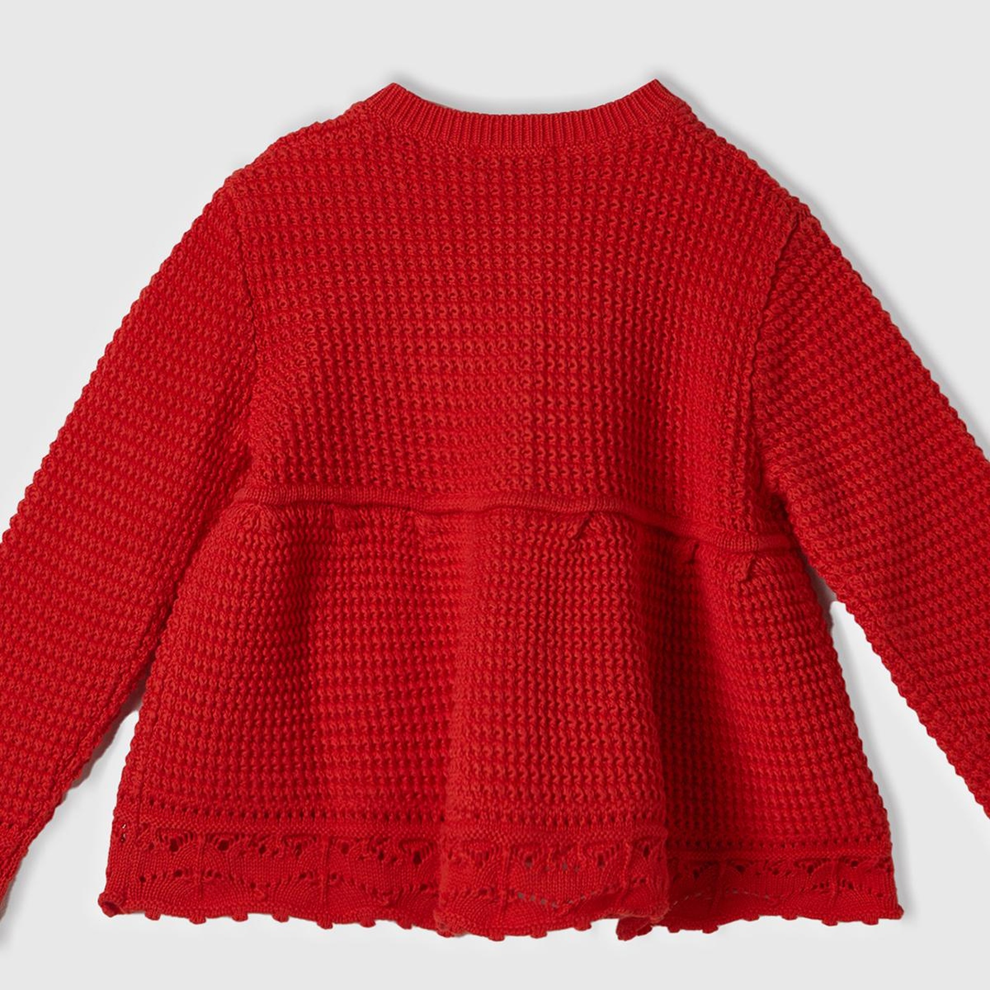 Kız Çocuk Kırmızı Önü Düğmeli Örgü Motifli Göğsü Büzgülü Bisiklet Yaka Hırka