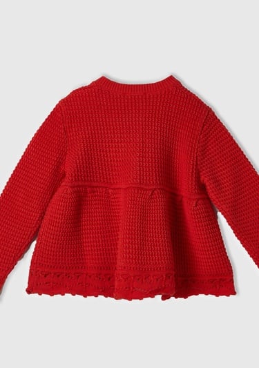  Kız Çocuk Kırmızı Önü Düğmeli Örgü Motifli Göğsü Büzgülü Bisiklet Yaka Hırka
