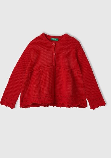  Kız Çocuk Kırmızı Önü Düğmeli Örgü Motifli Göğsü Büzgülü Bisiklet Yaka Hırka