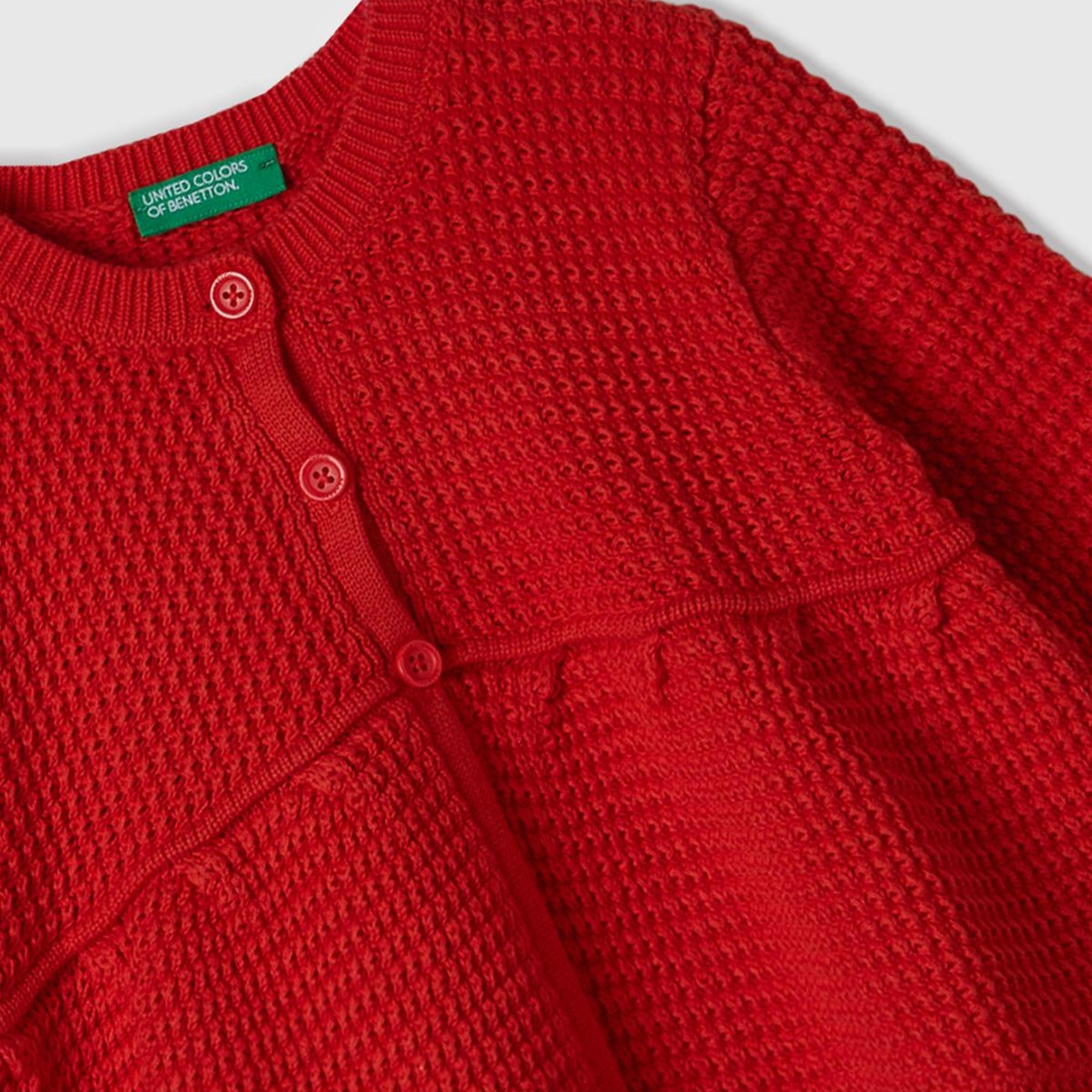 Kız Çocuk Kırmızı Önü Düğmeli Örgü Motifli Göğsü Büzgülü Bisiklet Yaka Hırka