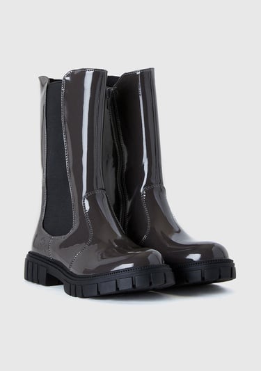  Kız Çocuk Antrasit Logolu Elastik Detaylı İç Tarafı Fermuarlı Suni Deri Bot