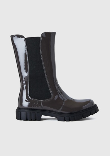  Kız Çocuk Antrasit Logolu Elastik Detaylı İç Tarafı Fermuarlı Suni Deri Bot