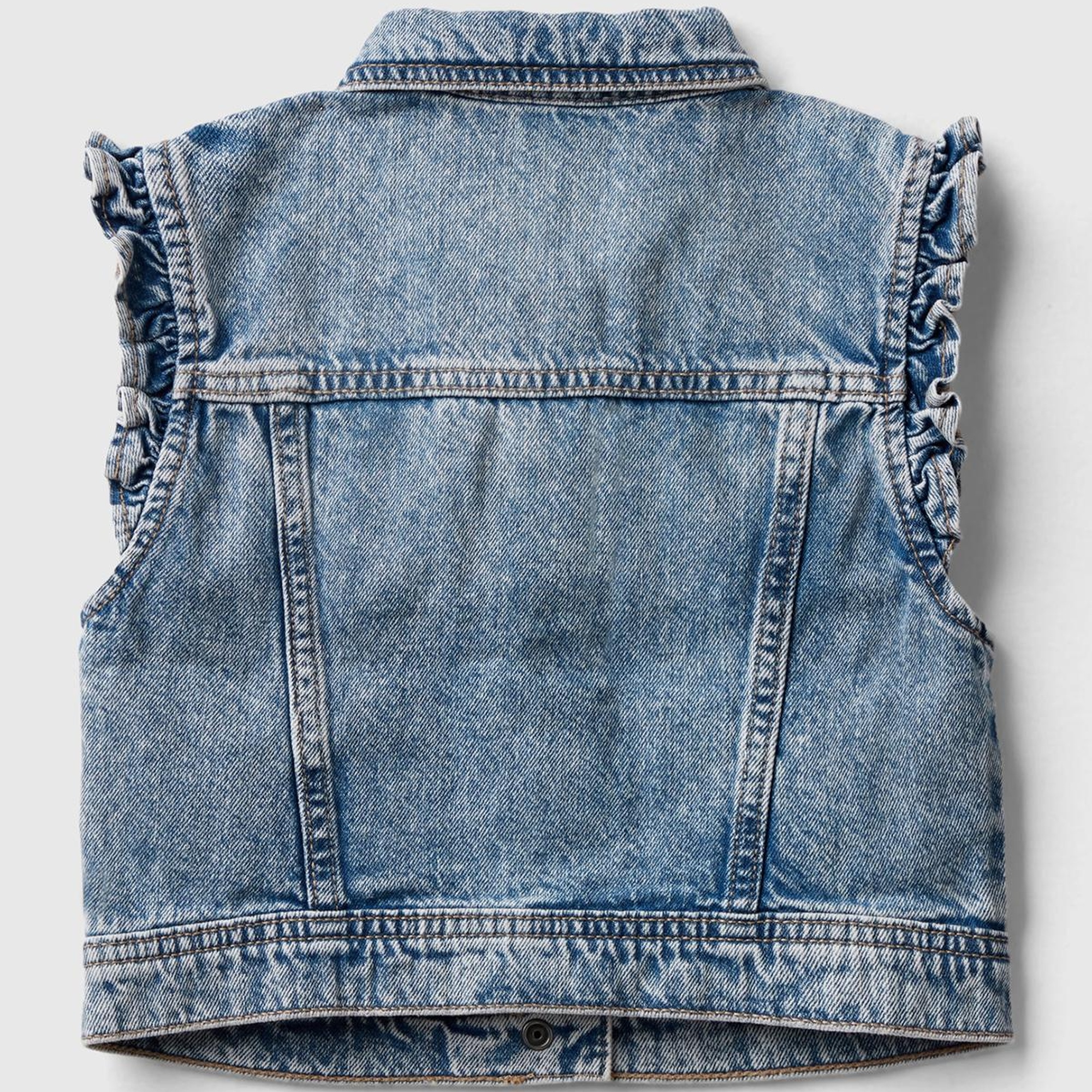 Kız Çocuk Mavi Kolları Fırfırlı Geniş Kesim Ağartılmış Denim Yelek