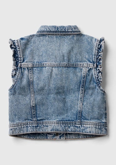  Kız Çocuk Mavi Kolları Fırfırlı Geniş Kesim Ağartılmış Denim Yelek